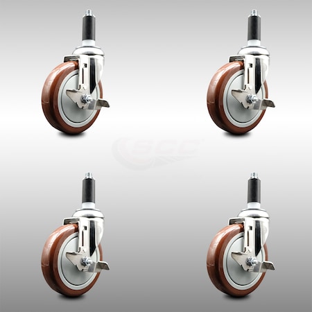 Service Caster 5 Inch 316SS Maroon Poly Swivel 1-1/8 Inch Expanding Stem Caster Set Brake SCC SCC-SS316EX20S514-PPUB-MRN-TLB-118-4